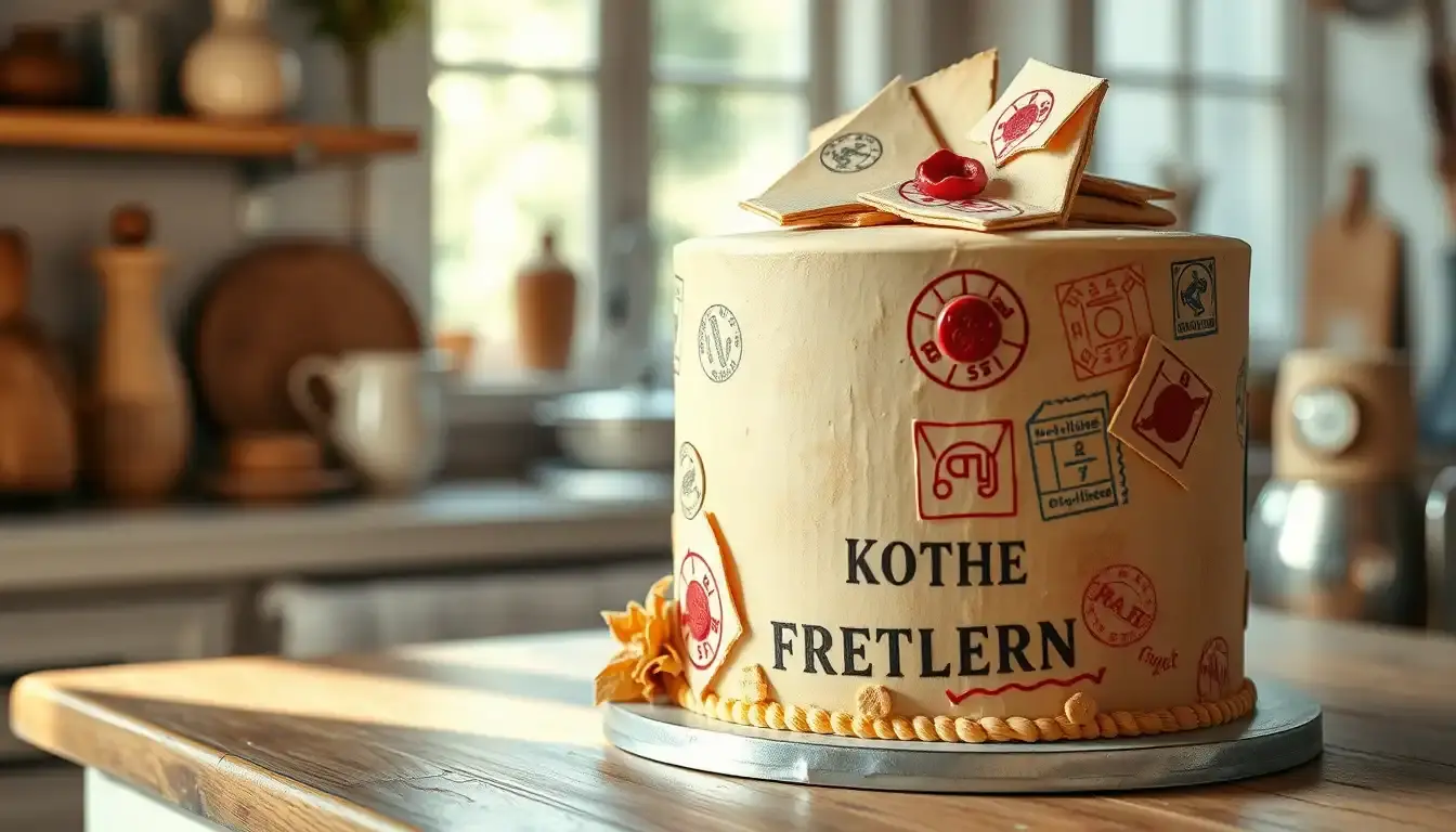 Nostalgischer Alte Post Kuchen dekoriert mit essbaren Briefmarken und Siegeln auf einer rustikalen Theke.