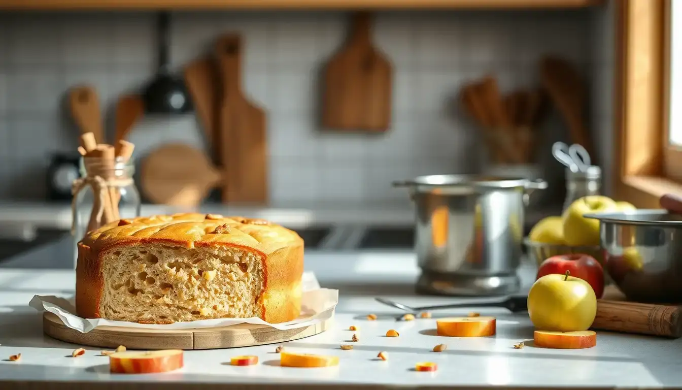Frisch gebackener Apfel Quark Kuchen auf einem Küchentisch mit Backzubehör