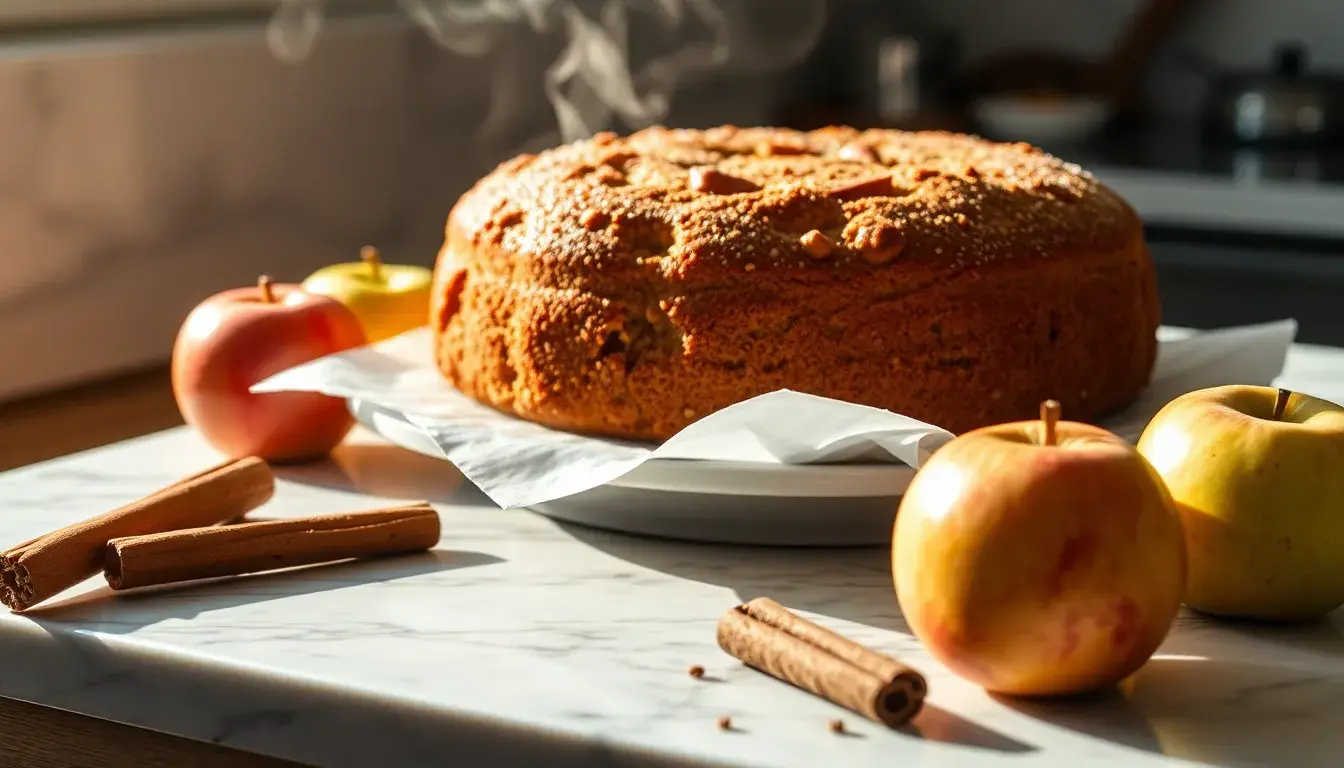 Saftiger Apfel-Zimt-Kuchen auf einer Marmorplatte mit frischen Äpfeln und Zimtstangen