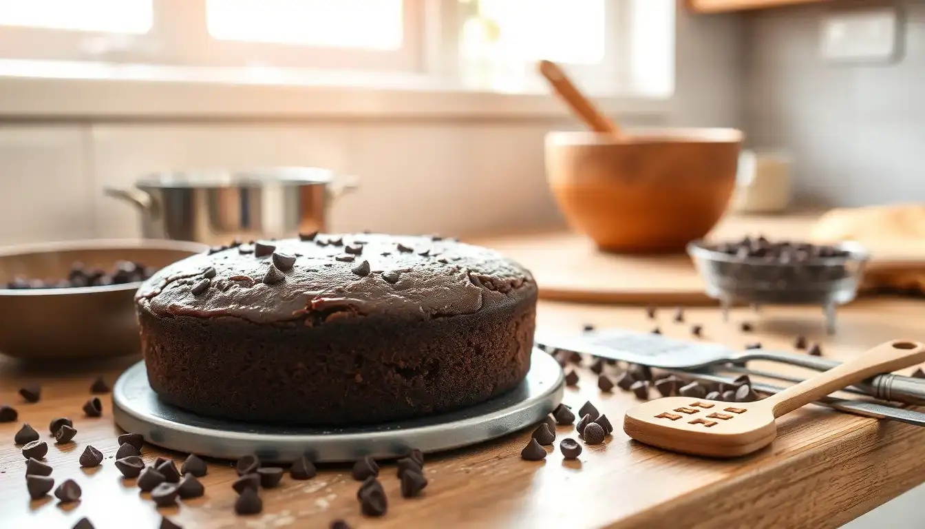 Frisch gebackener Bananen Schoko Kuchen auf einer sonnigen Küchentheke mit Backzubehör