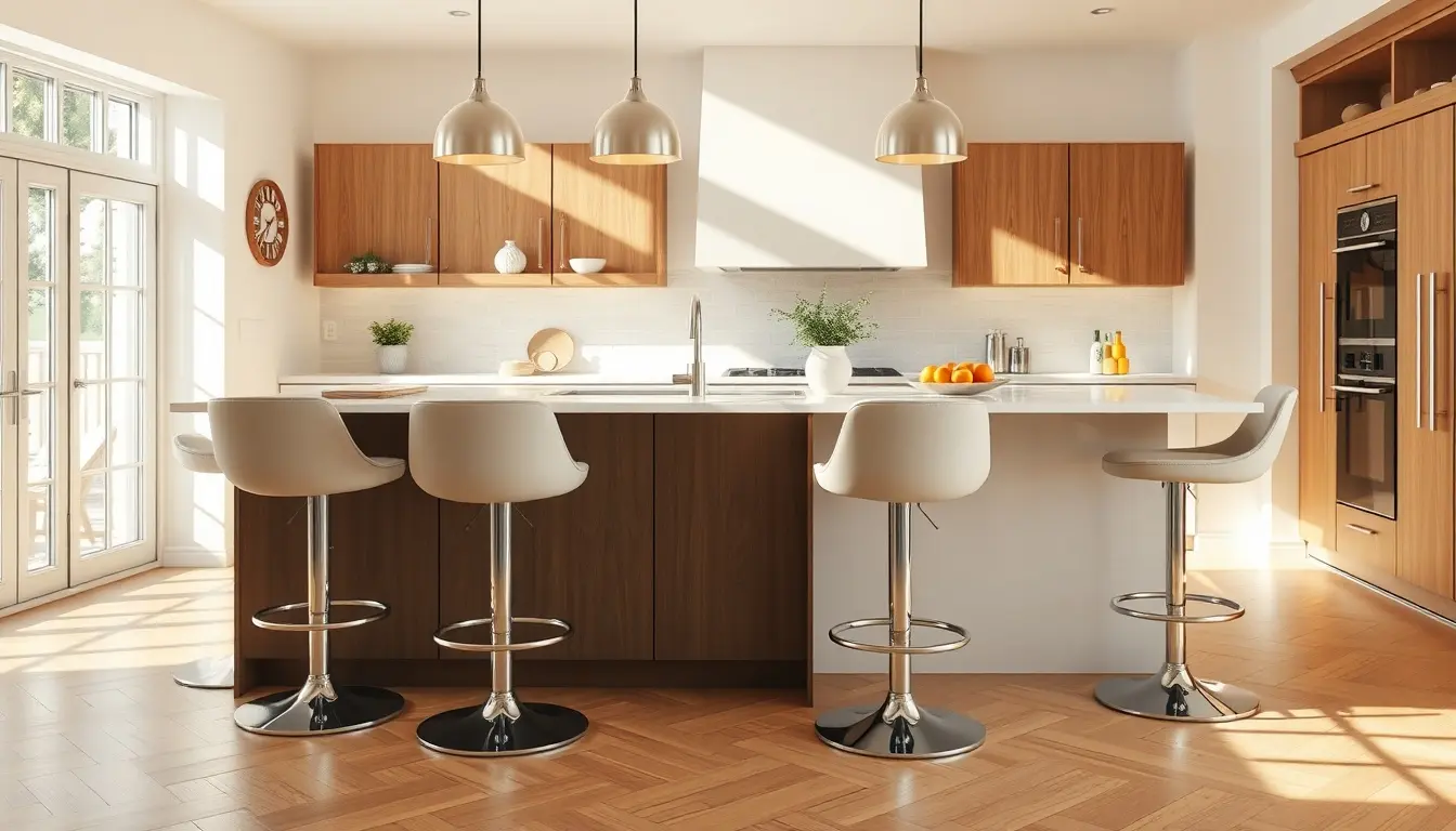 Moderne Barhocker Küche mit Zubehör an einer sonnigen Kücheninsel