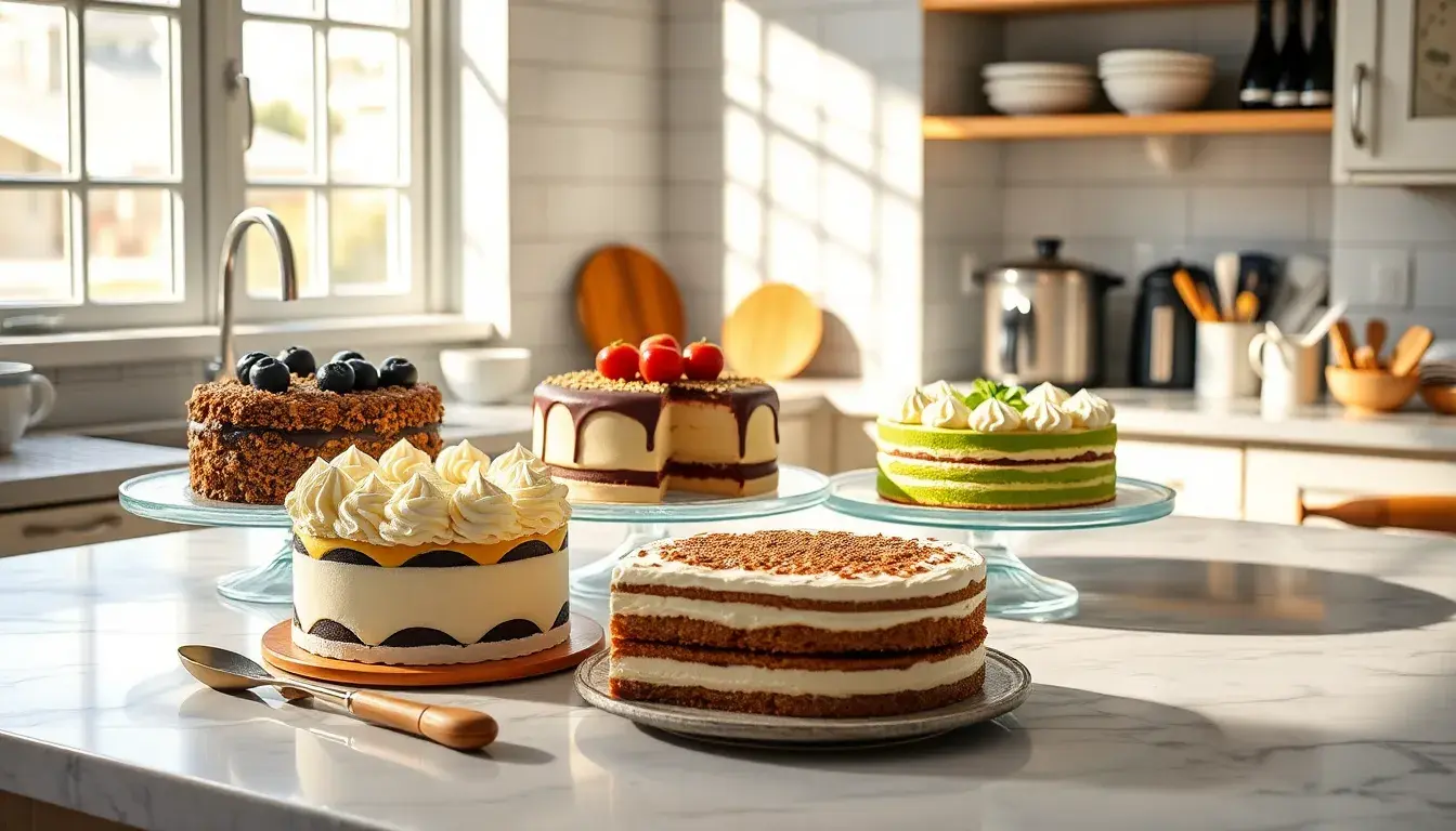 Auswahl der 10 besten Kuchen der Welt auf einer Marmor-Küchentheke mit Backzubehör