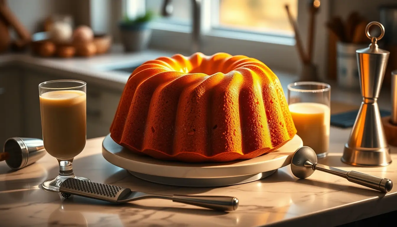 Ein saftiger Eierlikör Kuchen auf einer Marmorplatte neben Backzubehör.