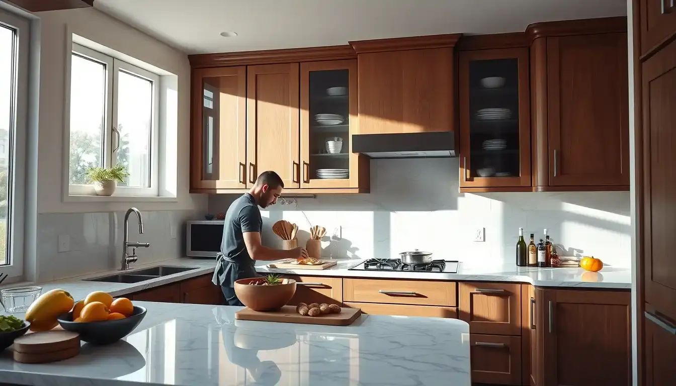 Moderne Einbauküche mit Geräten und hellem Küchendesign aus Marmor