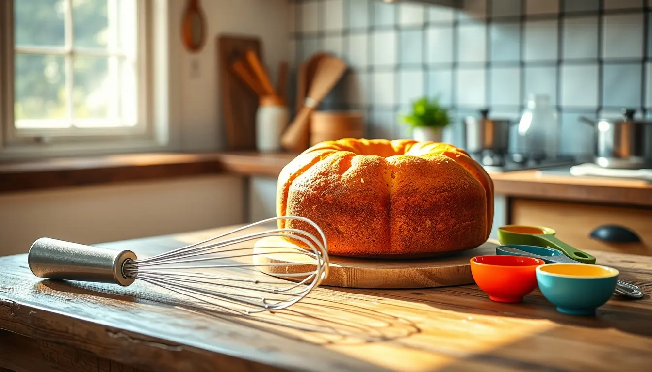 Frisch gebackener Kuchen auf einer sonnigen Küchentheke mit Backutensilien
