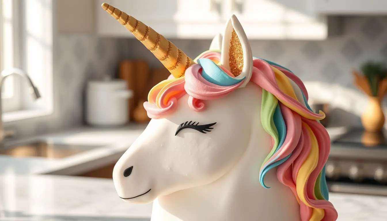 Prachtvoller Einhorn Kuchen mit goldenem Horn und Regenbogen-Mähne auf Marmor-Hintergrund