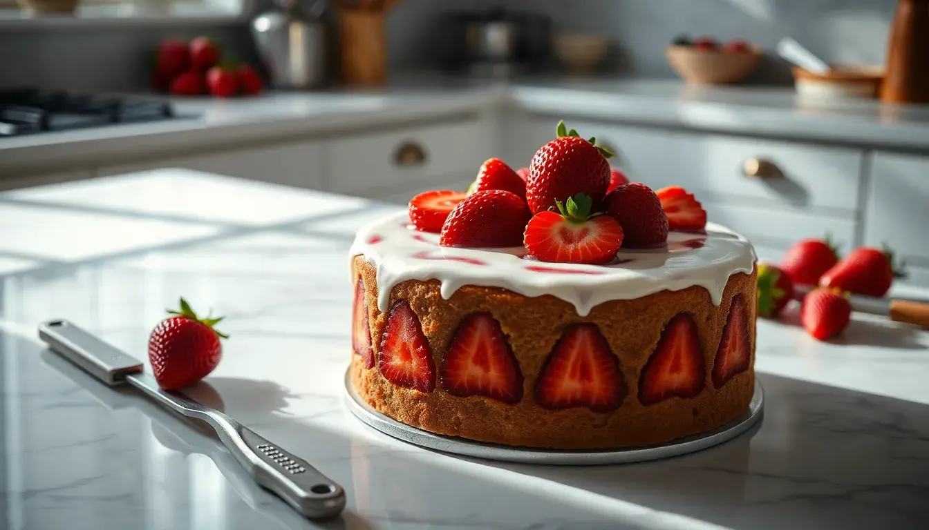 Frischer Erdbeerkuchen auf einer Marmorplatte mit Backzubehör im Hintergrund