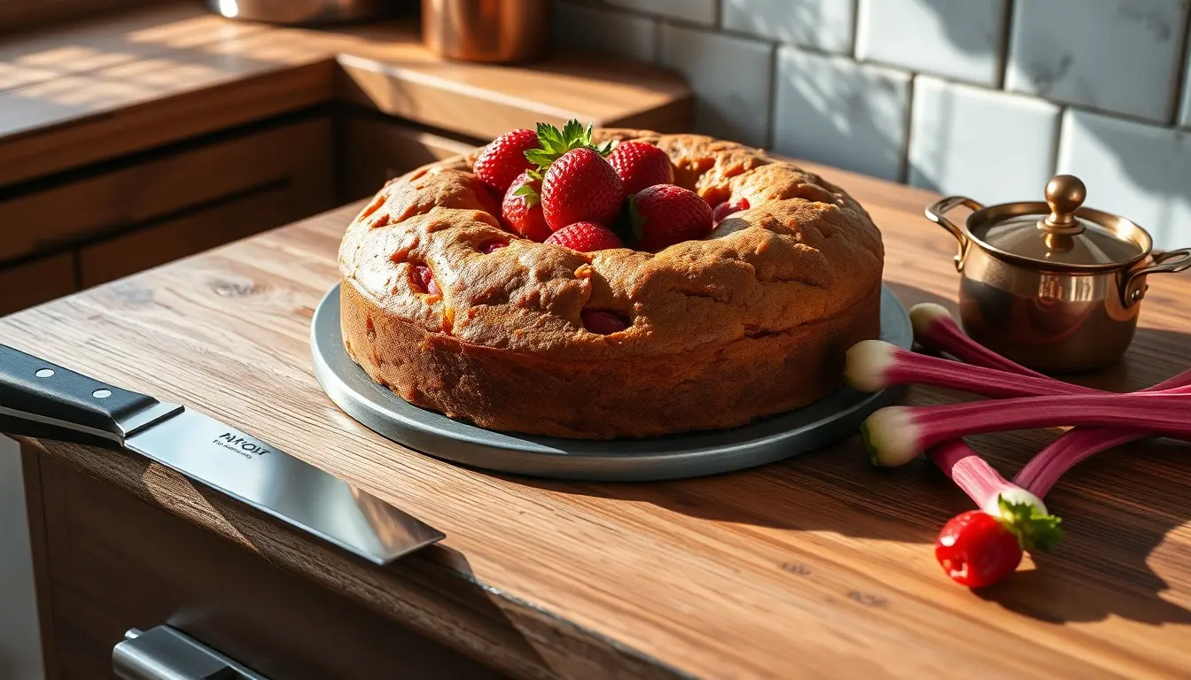 Erdbeer Rhabarber Kuchen auf Holztisch mit Profi-Backzubehör und frischen Zutaten