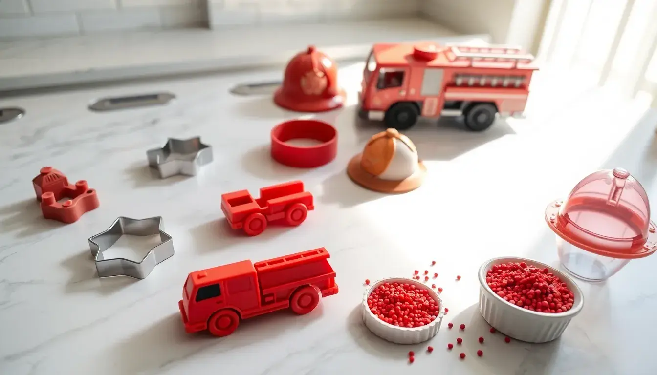 Professionelle Werkzeuge für einen Feuerwehr Kuchen auf einer hellen Küchentheke