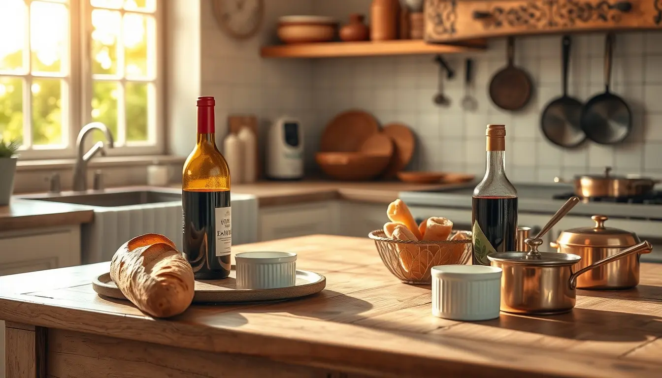 Rustikale französische Küche mit frischem Baguette, Wein und Kochutensilien auf einem Holztisch