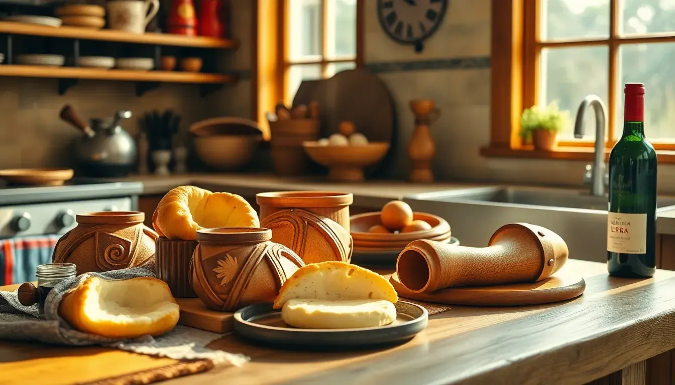 Traditionelle georgische Küche mit Khachapuri, Khinkali-Formen und einem Weinhörner auf einem Holztisch.