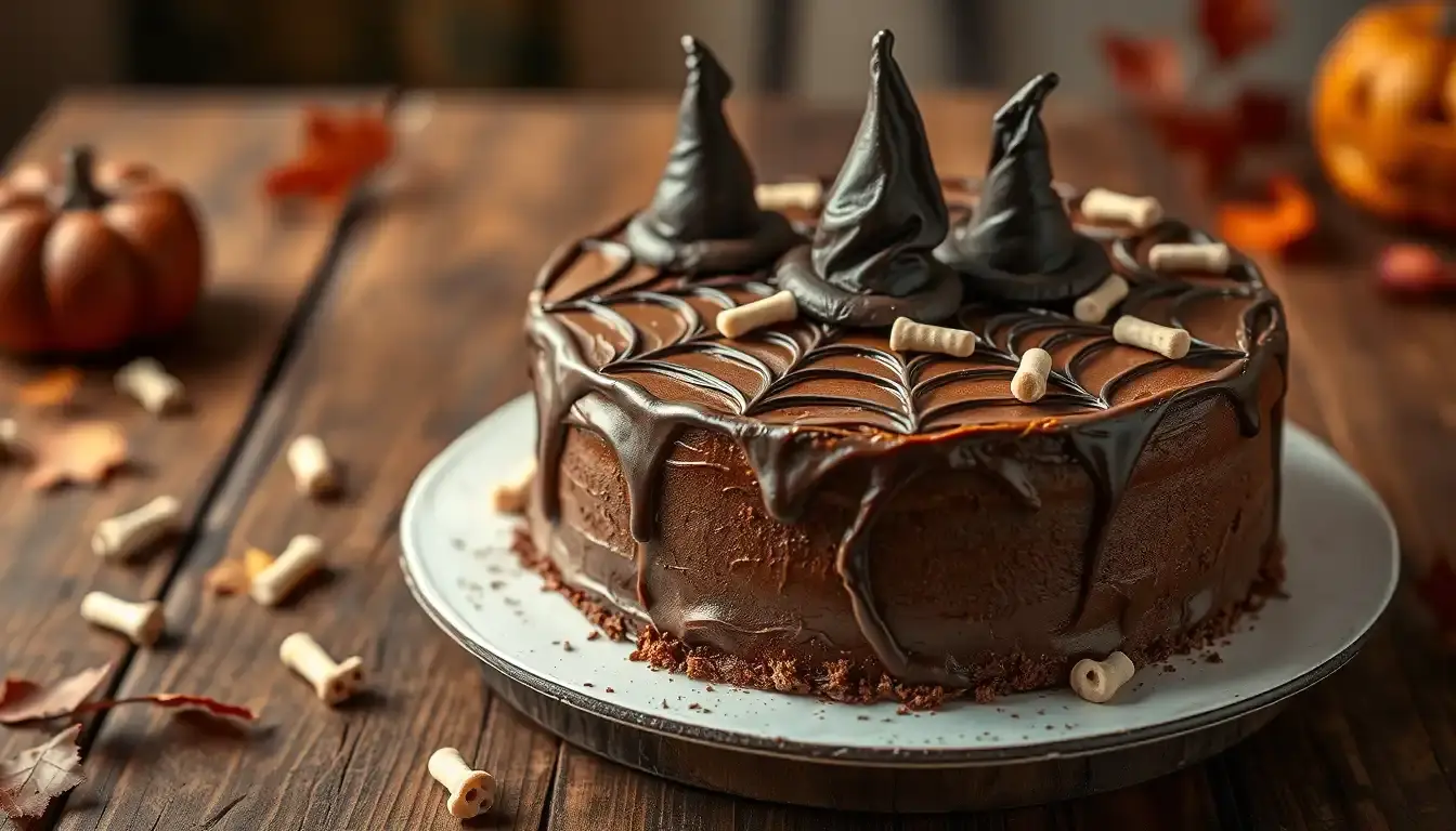Ein detailreich dekorierter Halloween Kuchen mit Spinnennetzen und Grusel-Deko auf einem Holztisch
