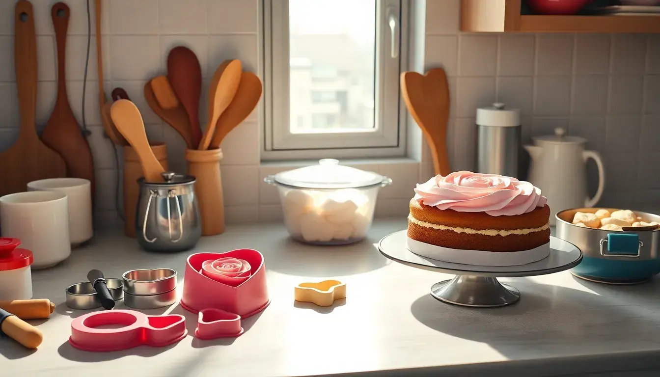 Bunte Backstube mit Herz-Ausstechern und Rosen-Backform auf einer hellen Arbeitsplatte