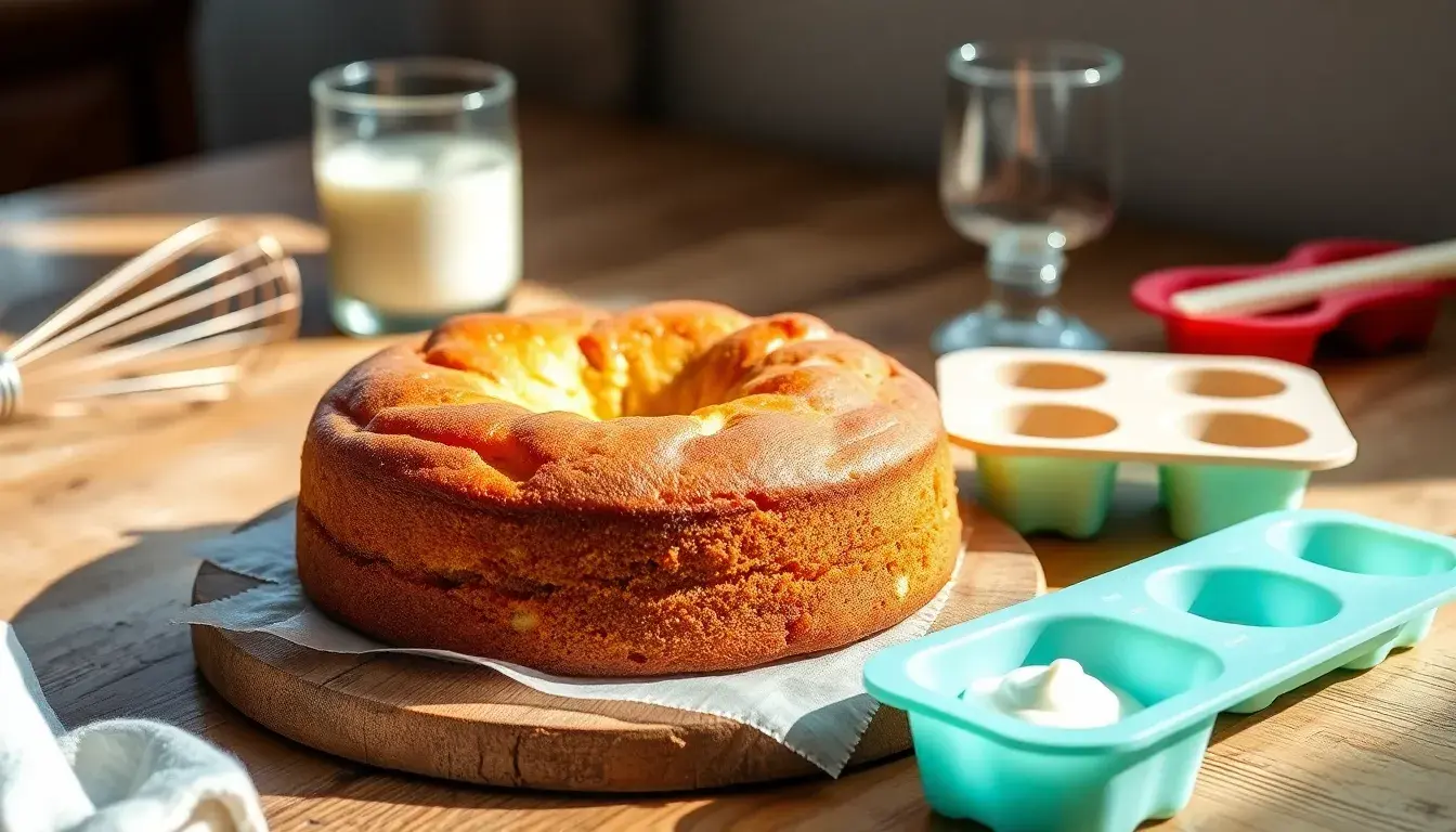 Saftiger Joghurt Kuchen auf Holztisch mit Profi Backzubehör