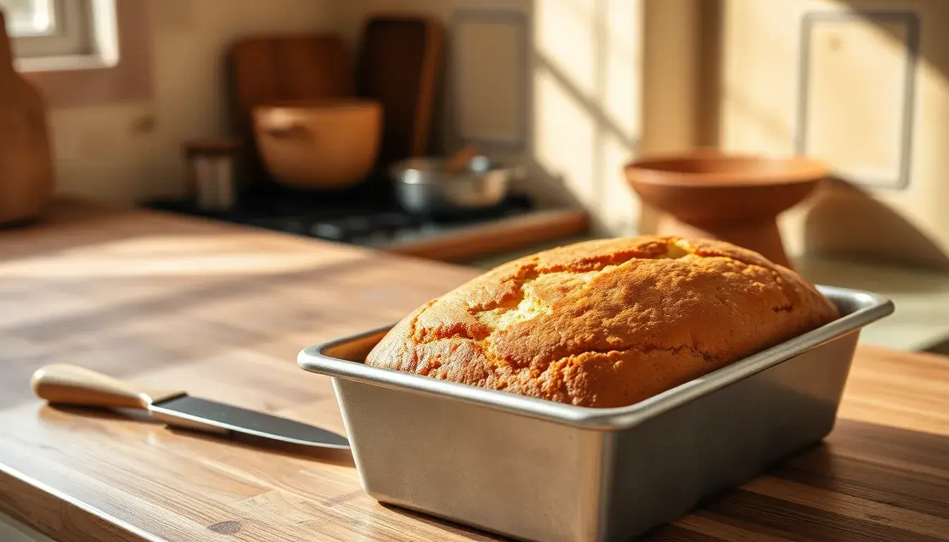 Frisch gebackener Marmorkuchen in einer silbernen Kastenform auf einer hellen Küchentheke
