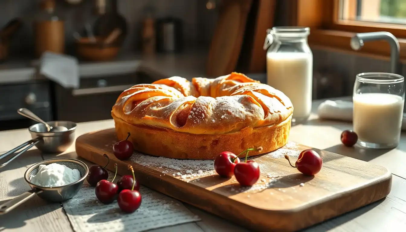 Ein frisch gebackener Kirsch Schmand Kuchen auf einem rustikalen Holztisch mit Kirschen.