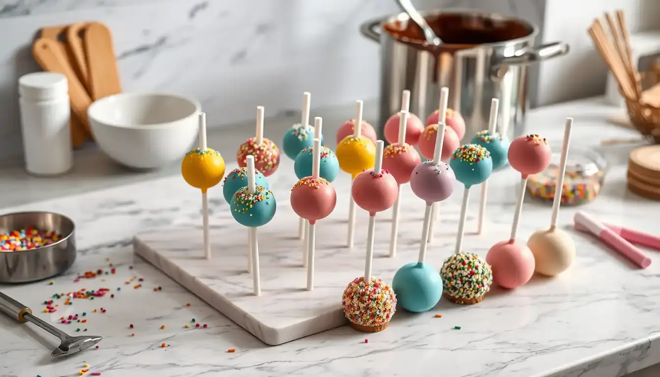 Bunte Kuchen am Stiel auf einer Marmortheke mit Backzubehör und Schokolade.