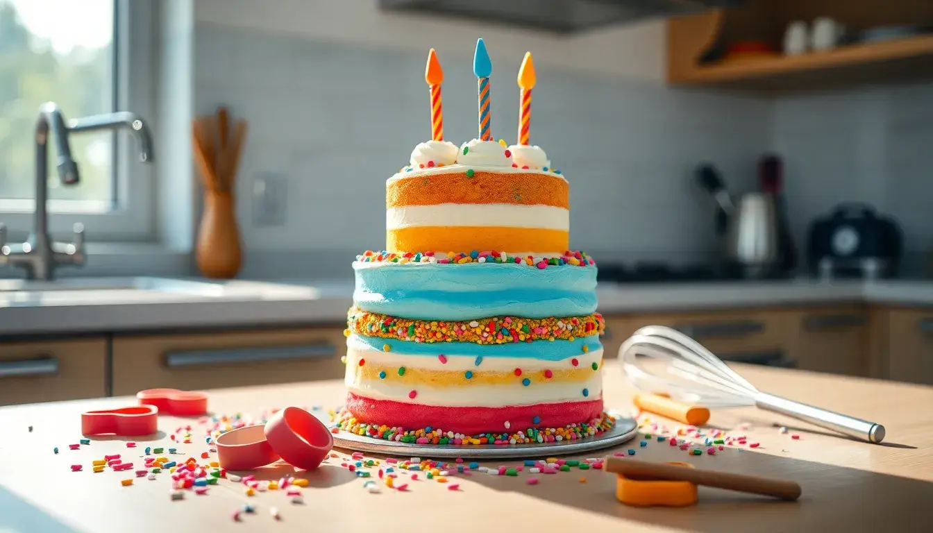 Bunter mehrstöckiger Kuchen für Kindergeburtstag mit Backzubehör auf Küchentisch