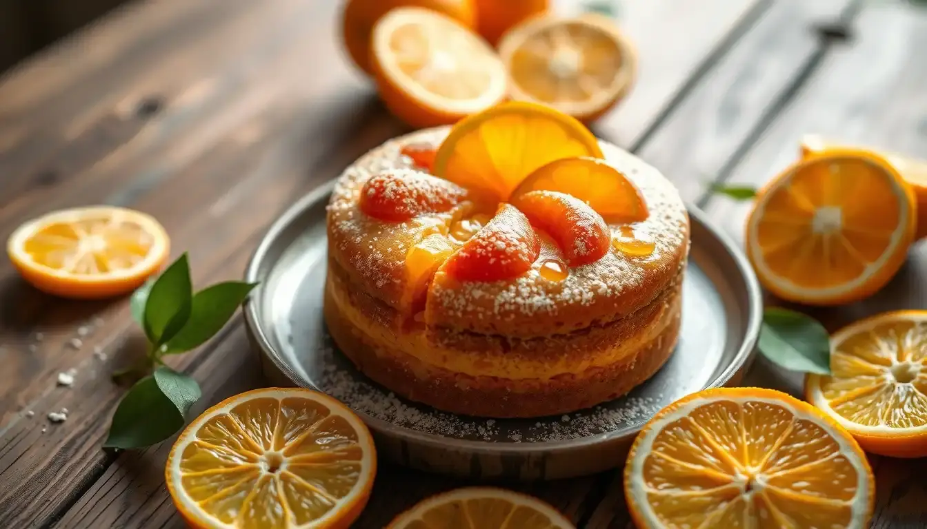 Saftiger Kuchen Mandarinen Quark auf rustikalem Holztisch mit Puderzucker bestäubt