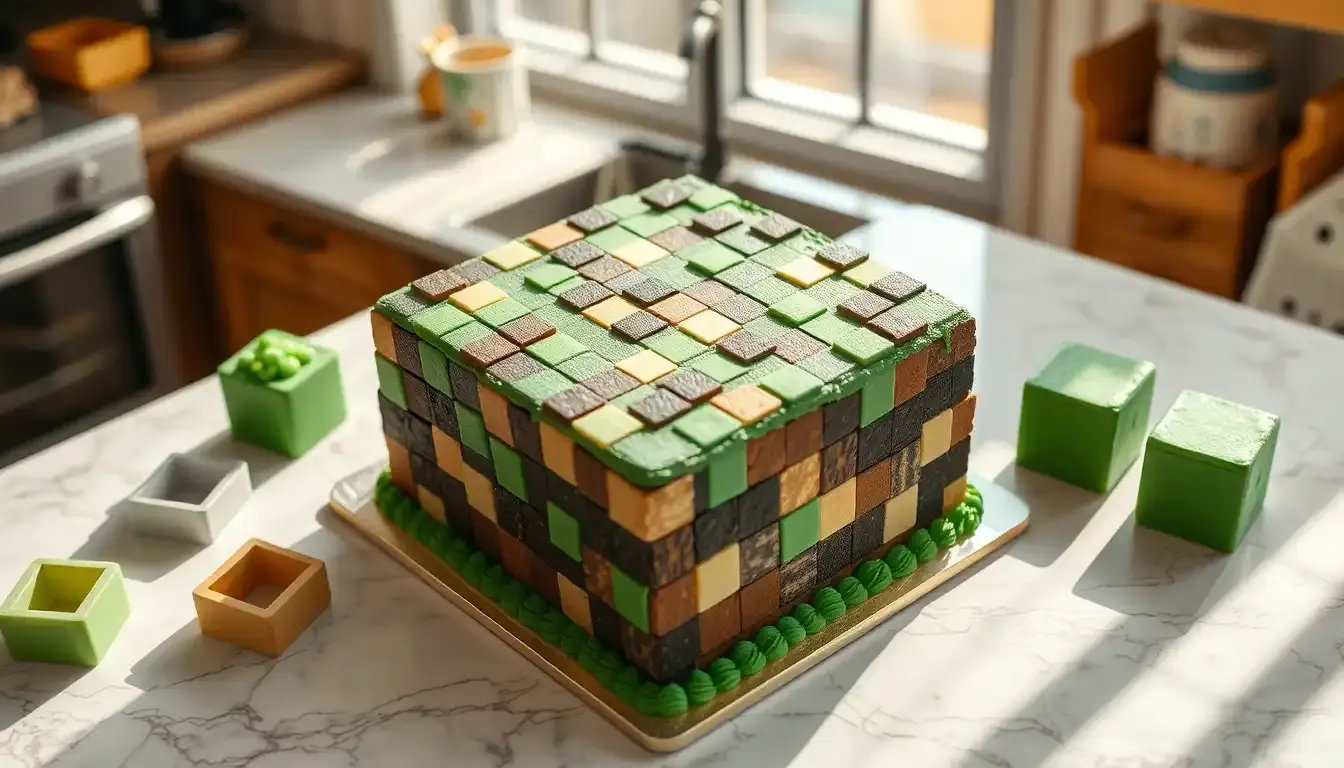 Ein quadratischer Minecraft Kuchen mit grünen Pixel-Details auf einer hellen Küchentheke mit Backzubehör.