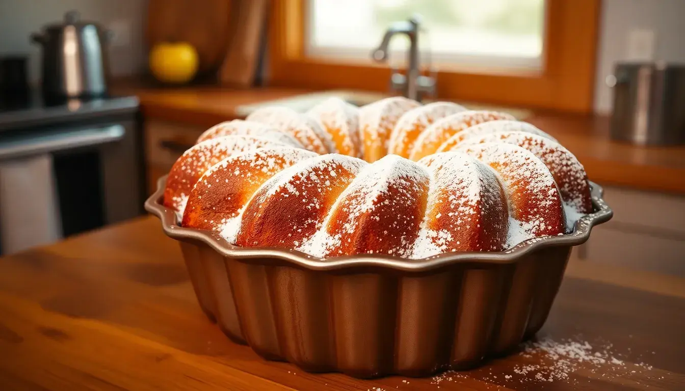 Saftiger Kuchen mit Apfelmus in einer Gugelhupfform auf einer sonnigen Holzarbeitsplatte