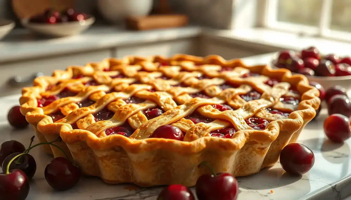 Rustikaler Kuchen mit Kirschen und goldener Gitterkruste auf Marmoroberfläche