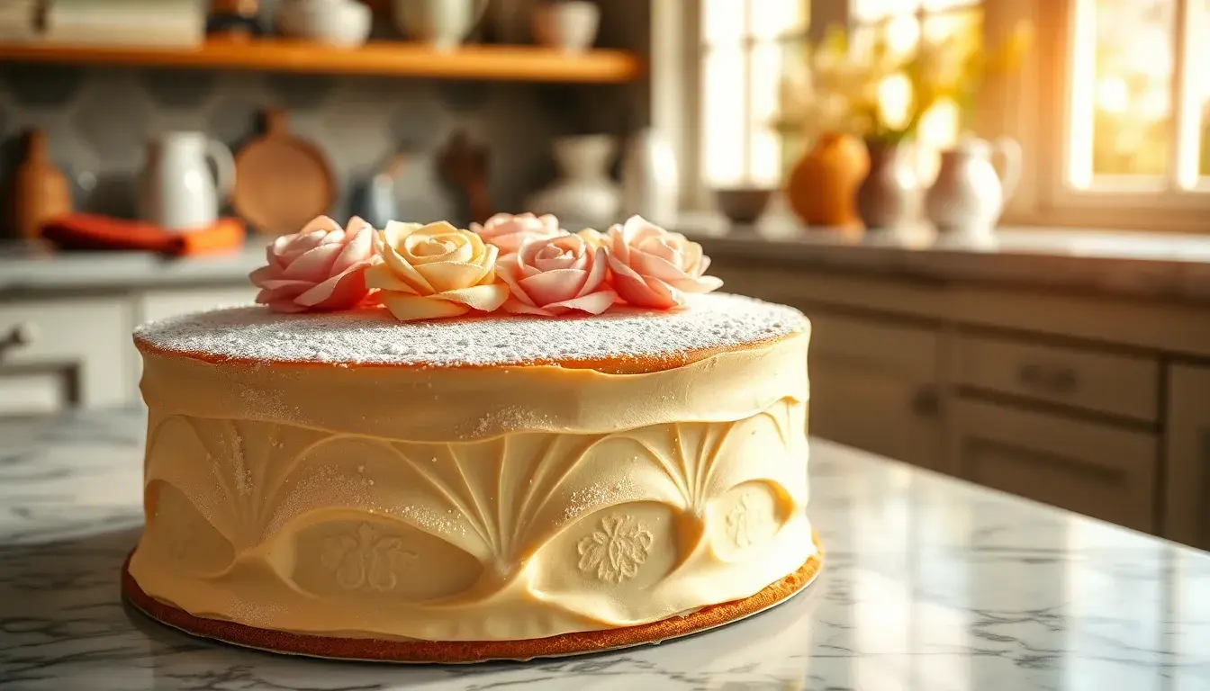 Eleganter Kuchen mit Marzipan und Rosen auf einer Marmor-Küchenzeile
