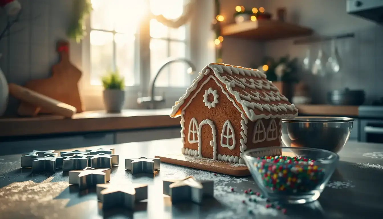 Weihnachtliches Backen mit Ausstechformen, Lebkuchenhaus und festlicher Dekoration auf einer Küchentheke