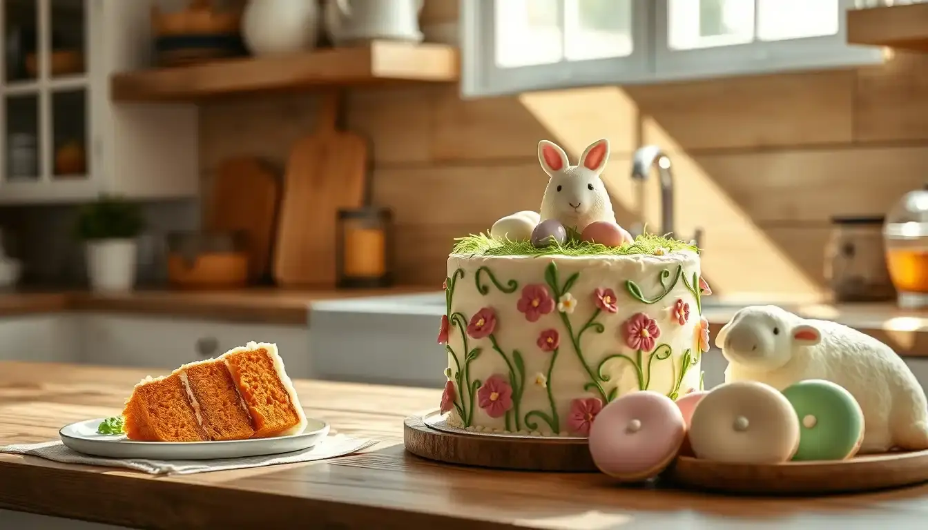 Dekorierte Kuchen zu Ostern auf einer rustikalen Holzarbeitsplatte in einer hellen Küche