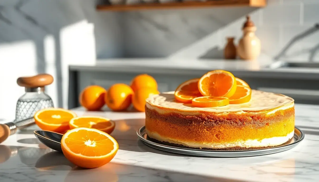 Cremiger Käse Mandarinen Kuchen mit frischen Früchten auf einer Marmorplatte in einer hellen Küche.