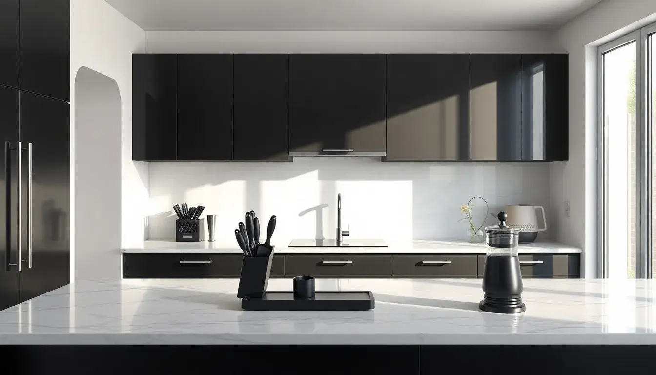 Moderne schwarze Küche mit matten Schränken und eleganten schwarzen Küchenutensilien auf der Arbeitsplatte.