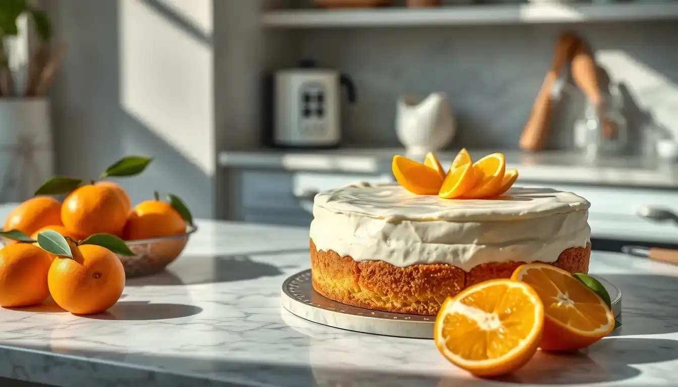 Cremiger Mandarinen Quark Kuchen auf Marmorplatte mit Backutensilien und Früchten
