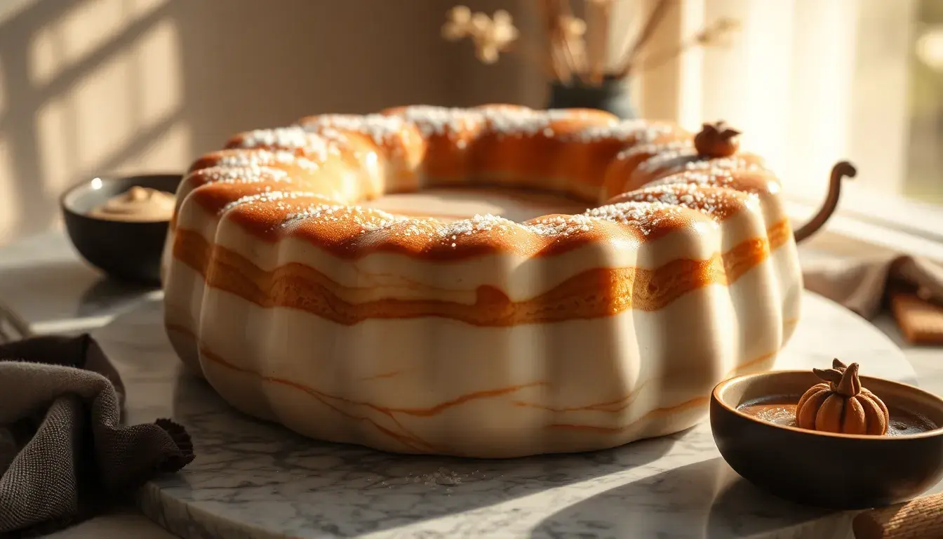 Frisch gebackener Marmor Kuchen in einer Gugelhupfform auf einer sonnigen Küchentheke