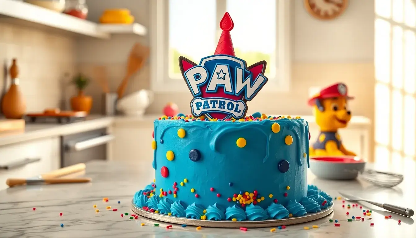 Ein bunt dekorierter Paw Patrol Kuchen auf einer hellen Küchenarbeite mit Backzubehör