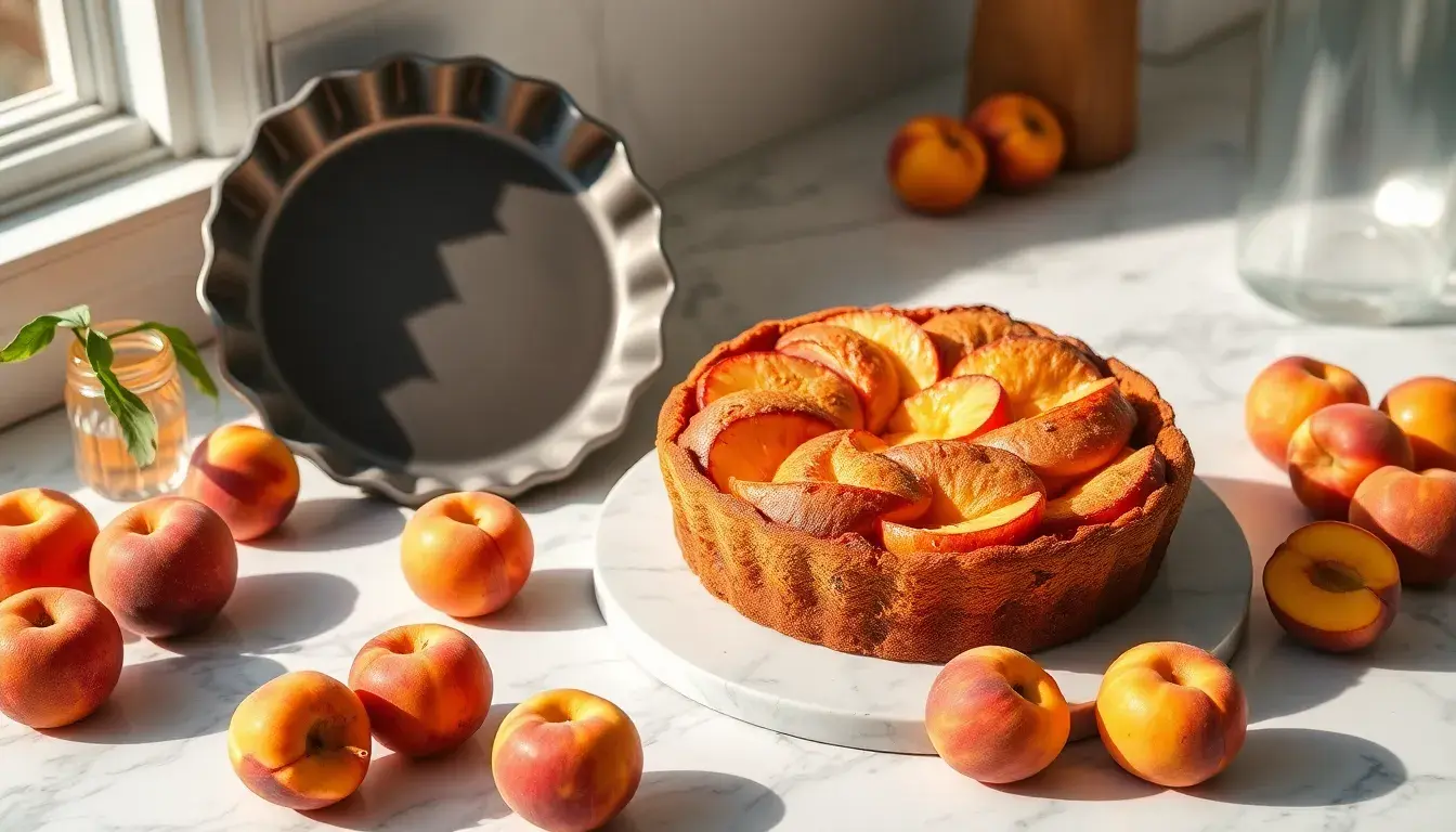 Frisch gebackener saftiger Pfirsich Kuchen in einer Form auf einer hellen Marmorplatte
