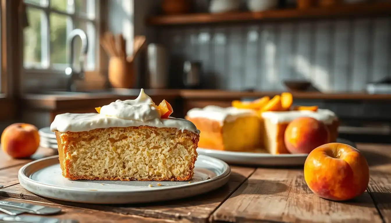 Saftiger Pfirsich Schmand Kuchen auf einem rustikalen Holztisch in einer sonnigen Küche