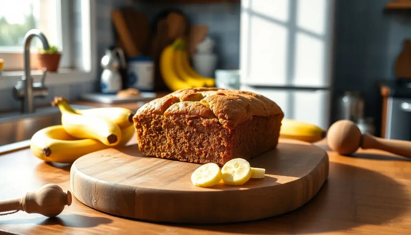 Frisch gebackener Bananenkuchen auf Holzbrett mit Bananen und Backutensilien in einer hellen Küche