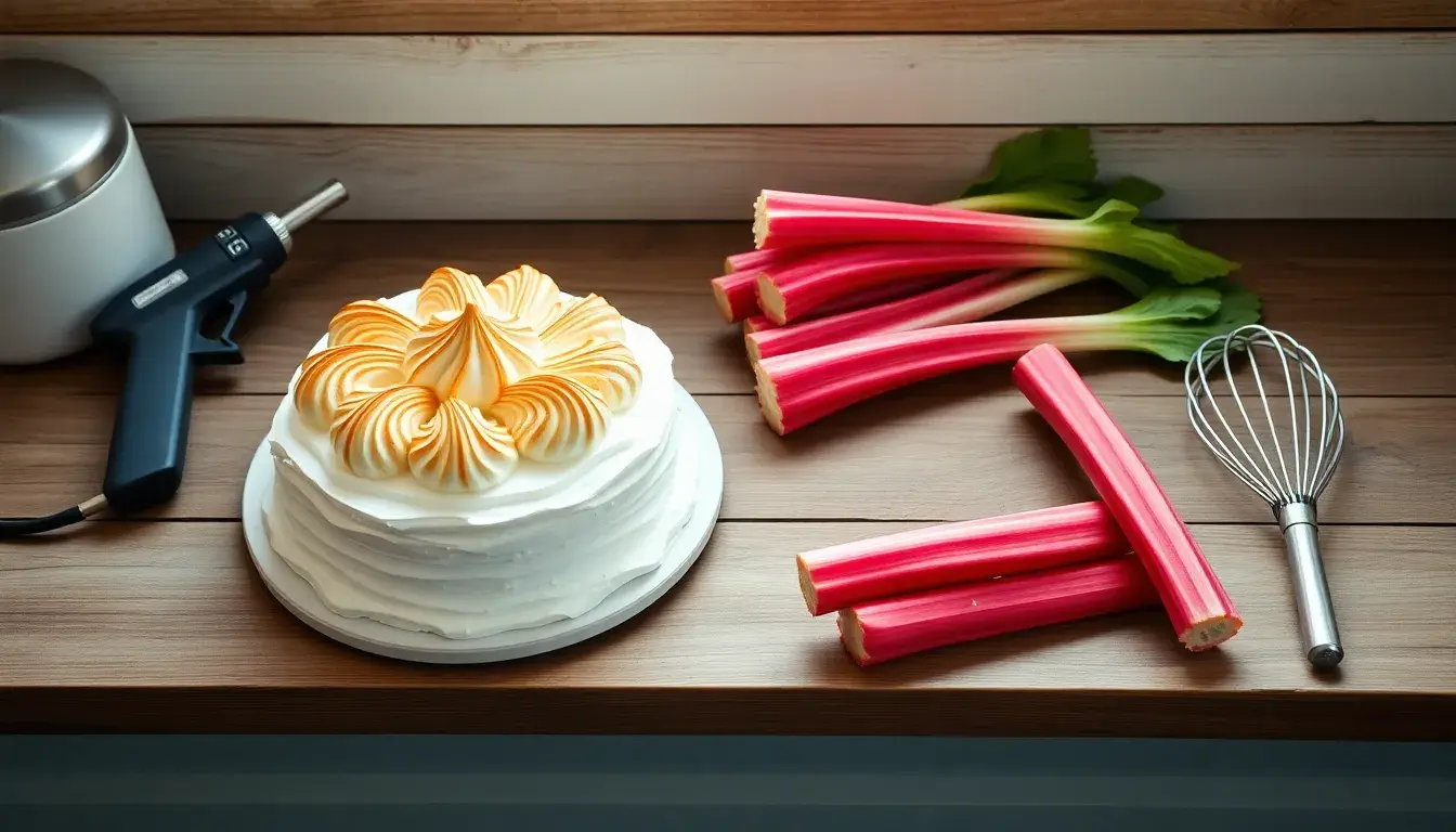 Frischer Rhabarber Baiser Kuchen auf einem Küchentisch mit Backzubehör und Rhabarberstangen.