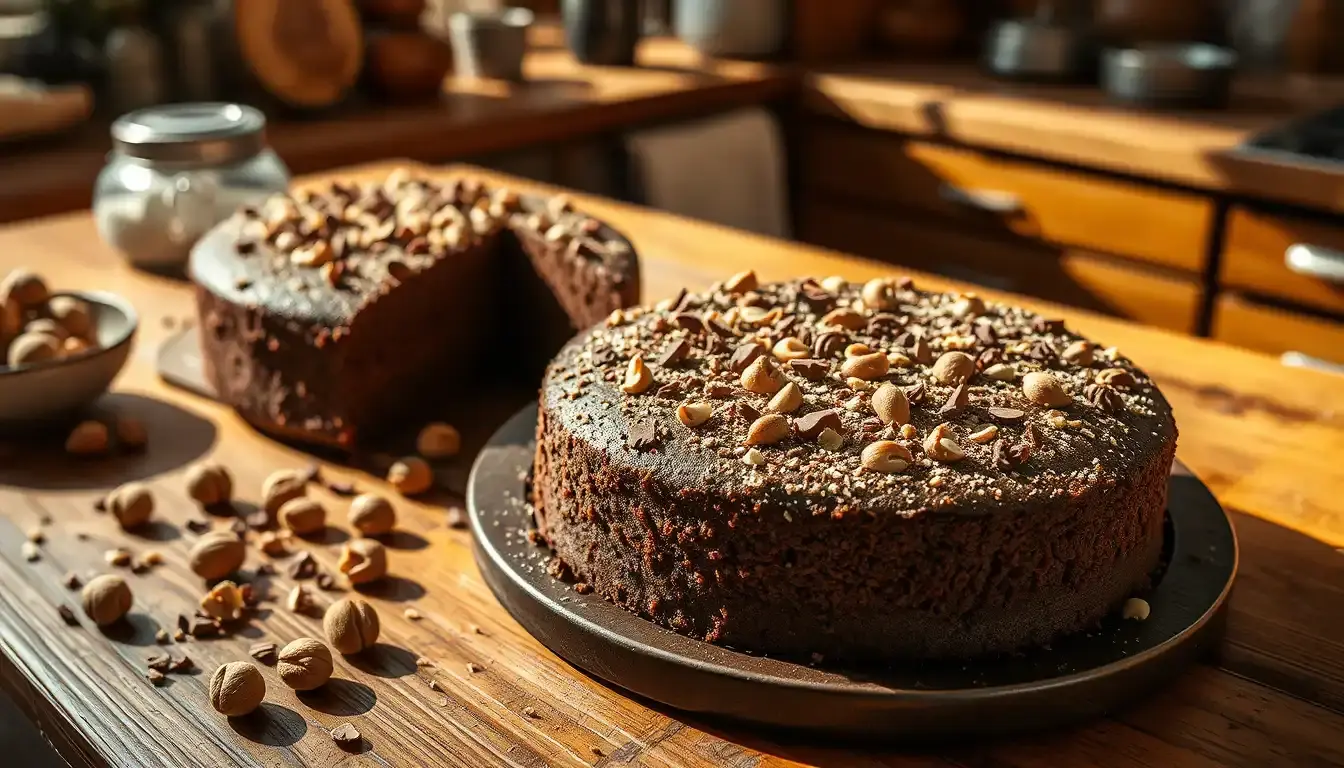 Saftiger Schoko-Nuss-Kuchen auf rustikalem Holztisch mit Haselnüssen und Schokoraspeln