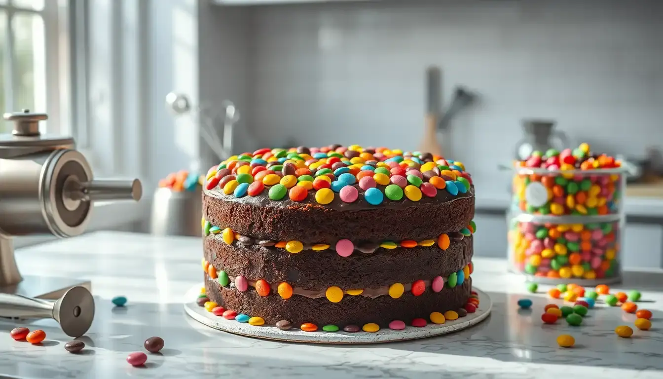 Bunter Smarties Kuchen auf einer Marmorplatte neben modernen Dekorationswerkzeugen