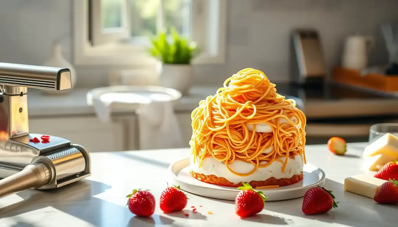 Ein herrlicher Spaghetti-Eis-Kuchen auf einer Marmorplatte neben Küchenutensilien wie einer Nudelpresse und Erdbeeren.