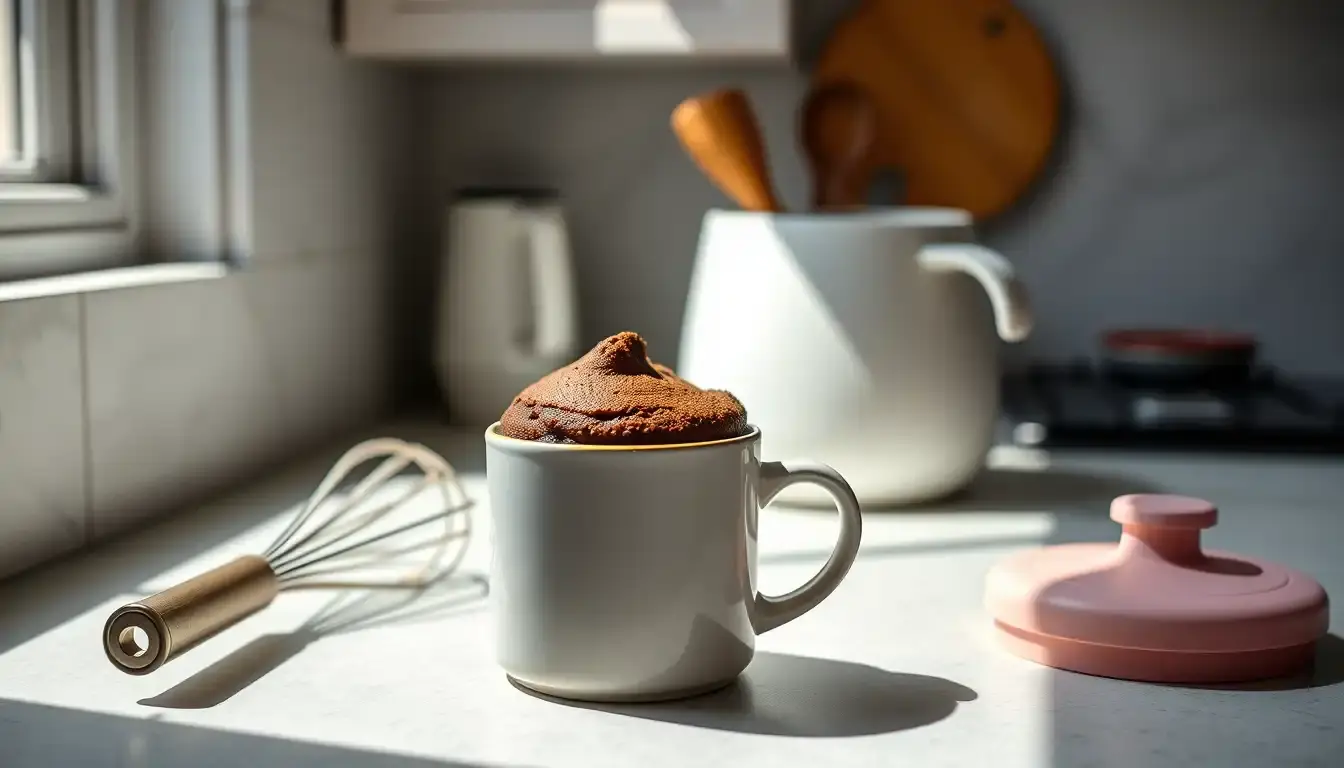 Schokoladiger Tassenkuchen in einer Keramiktasse auf einer hellen Küchenzeile mit Backzubehör
