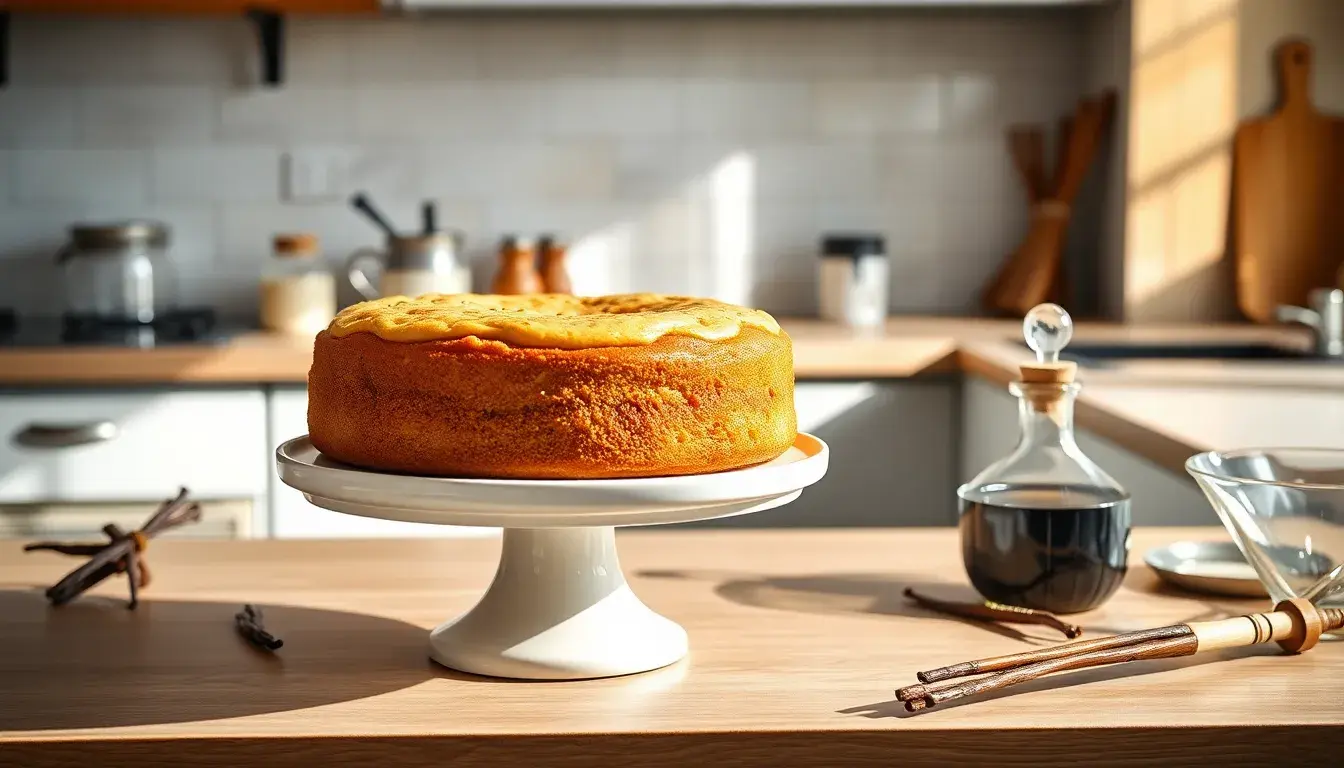 Saftiger Vanille Kuchen auf einem Keramikständer mit Vanilleschoten und Backutensilien