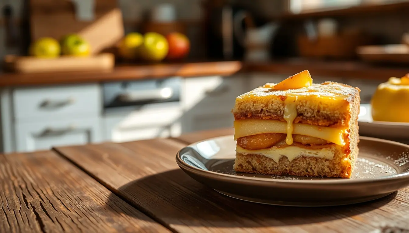 Saftiger Apfel Pudding Kuchen auf einem Holztisch in einer sonnigen Küche