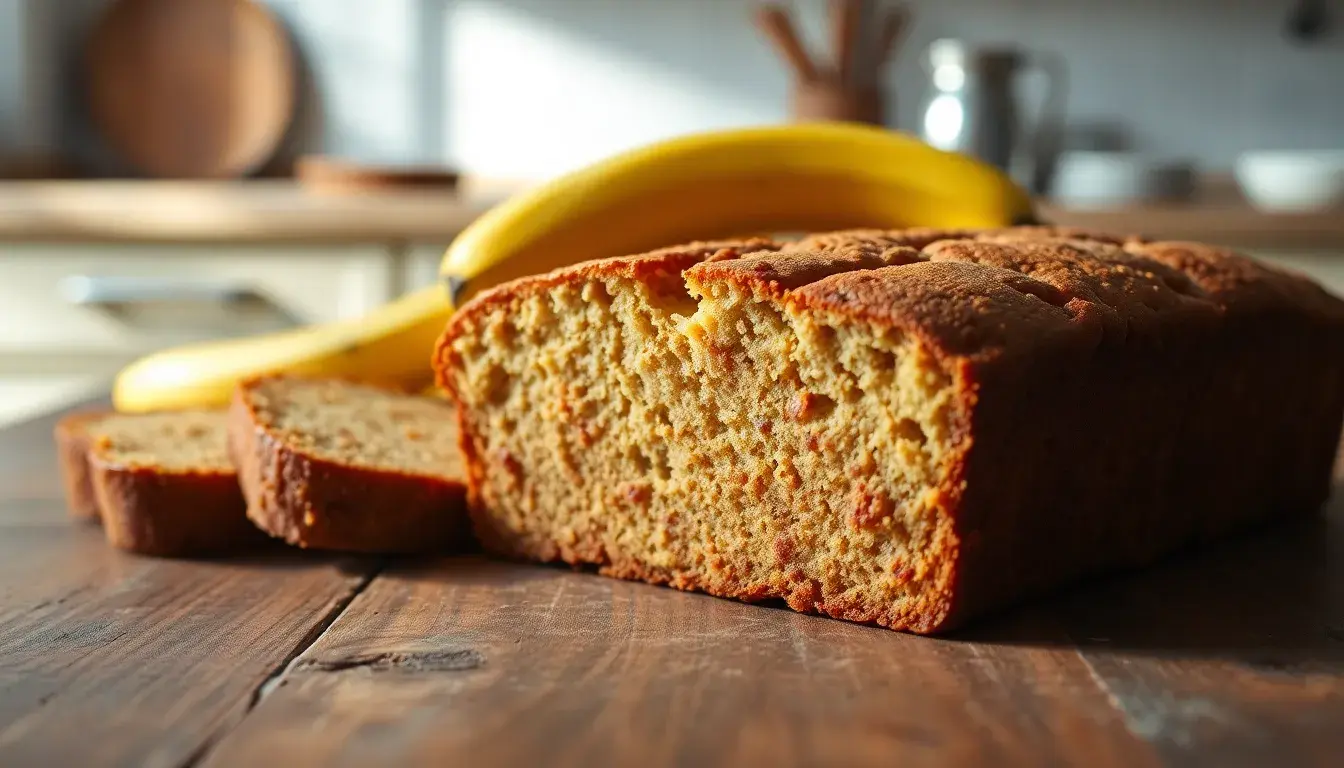 Frisch gebackener Bananen Kuchen auf einem rustikalen Holztisch im Sonnenlicht