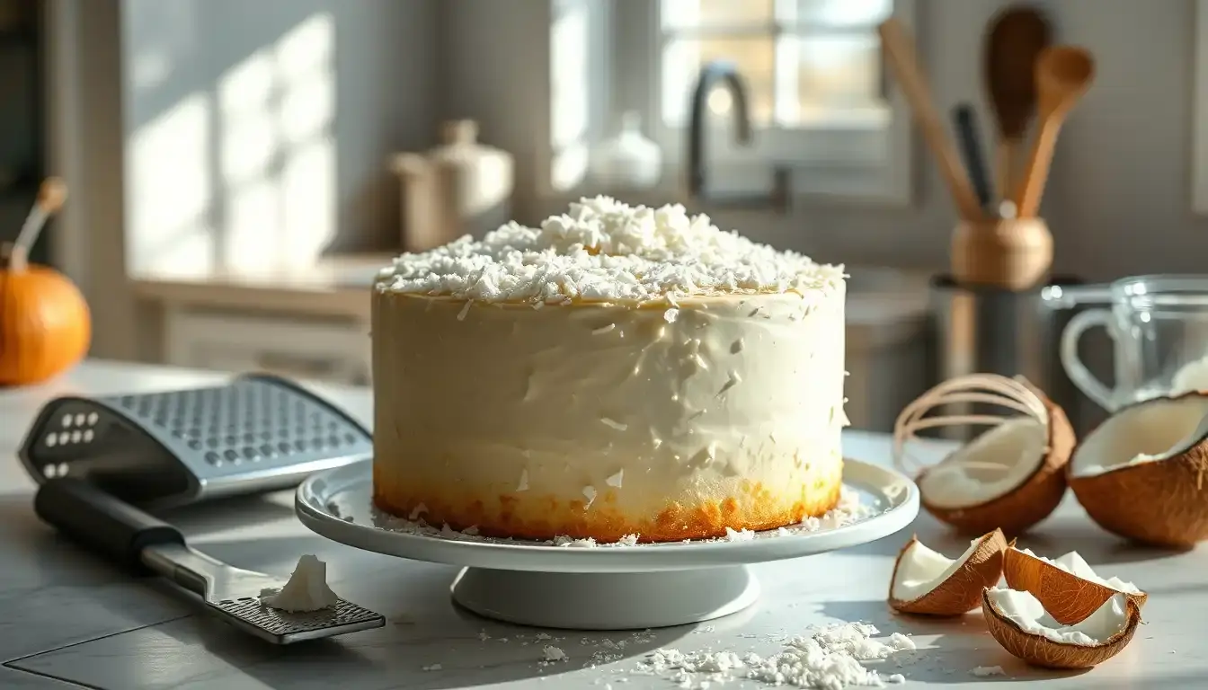Frischer Buttermilch Kokos Kuchen mit Kokosraspeln und Backutensilien auf einer sonnigen Küchentheke