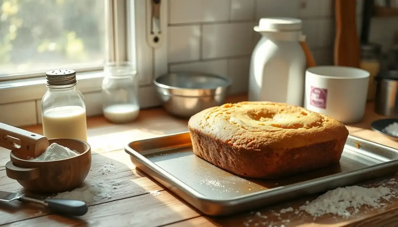 Frisch gebackener Buttermilchkuchen auf einem Backblech in einer sonnigen Küche