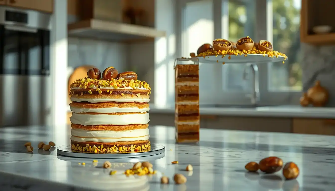 Luxuriöser Dubai Kuchen mit Blattgold und Pistazien auf Marmor-Arbeitsplatte
