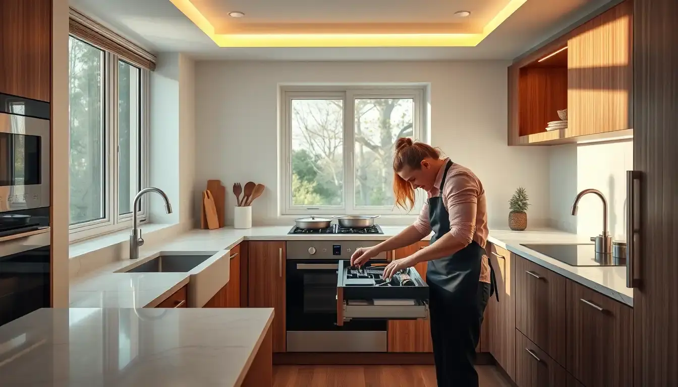Moderne Einbauküchen mit hellen Holzfronten und integrierten Organisationssystemen in einer sonnigen Wohnung.
