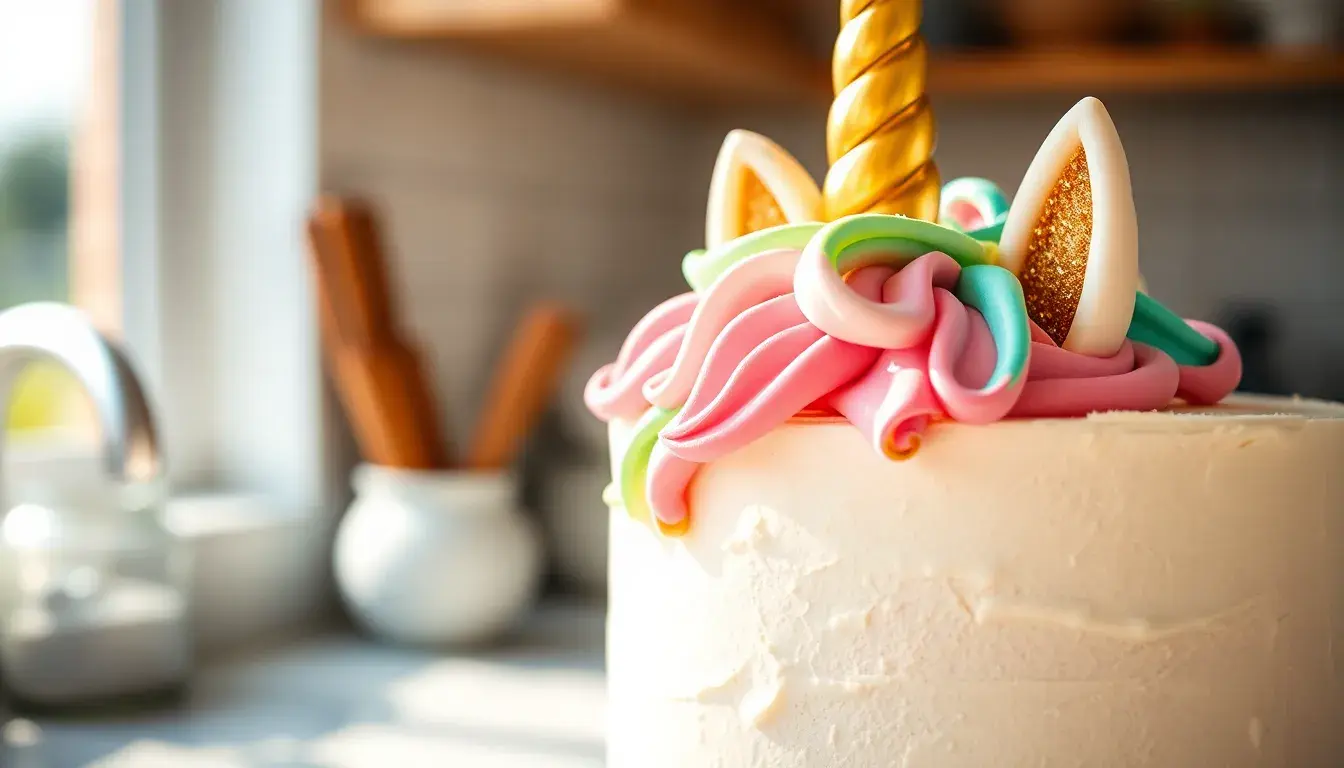 Prächtig dekorierter Einhorn-Kuchen mit goldenem Horn und Regenbogen-Mähne auf einer hellen Küchentheke